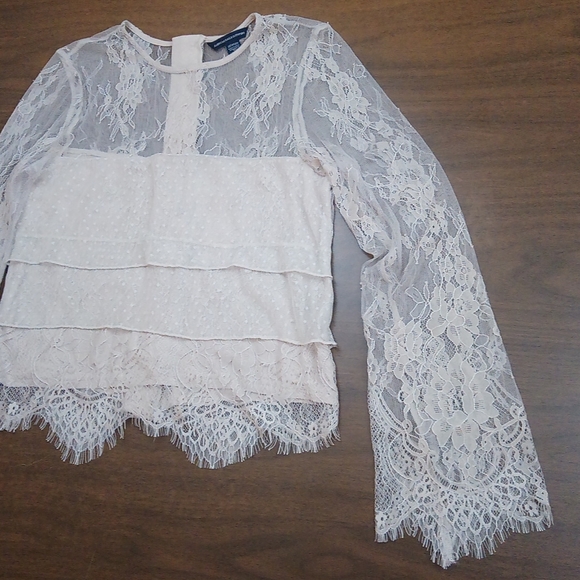 American Eagle Lacey Layered Polka-dot Long Bell Sleeve Zipper Back Blouse Top - Picture 2 of 16